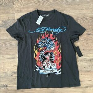 Ed Hardy Rhinestone Fire Tiger Charcoal T-Shirt Men's NWT Size L